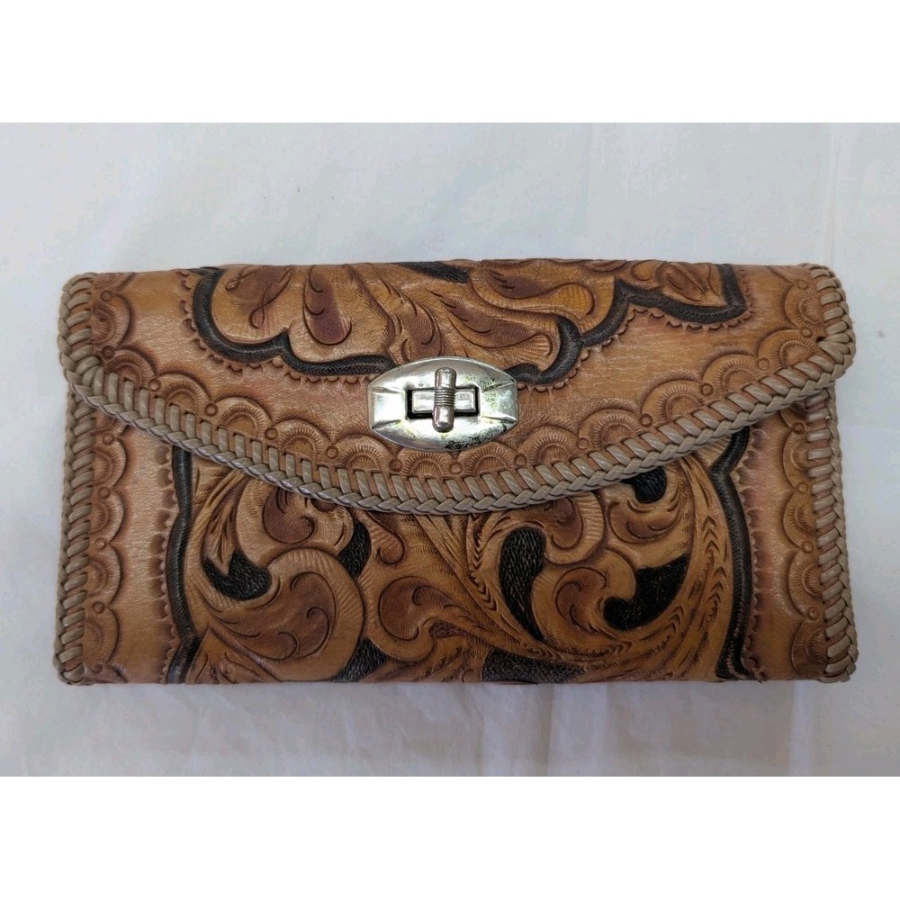 Brown Vintage Trifold Leather Wallet Billfold Tooled Whipstitch Metal‎ Clasp